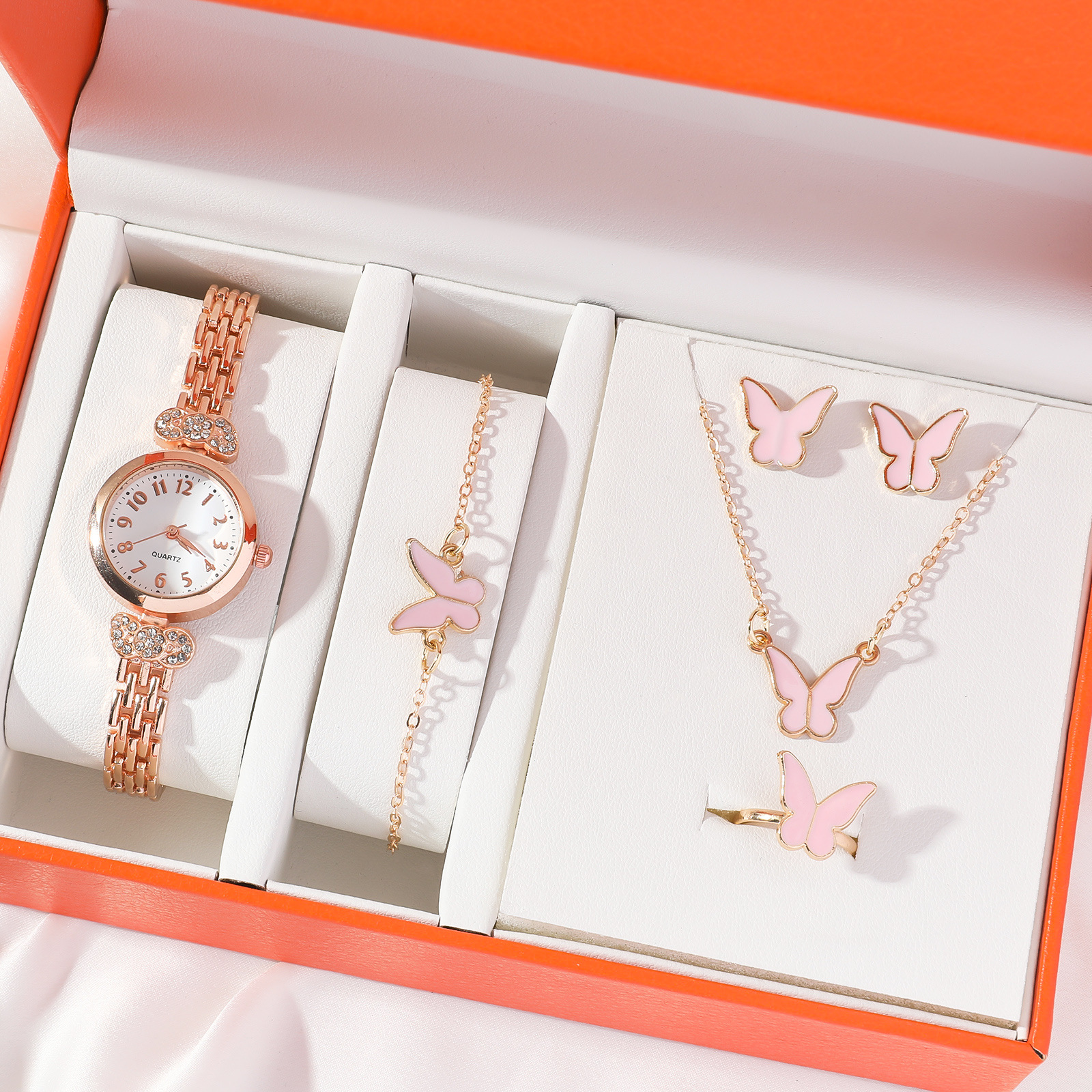 J Women's New Niche Design Steel Belt Quartz Watch + Pink Butterfly Jewelry Set 5pcs/Set