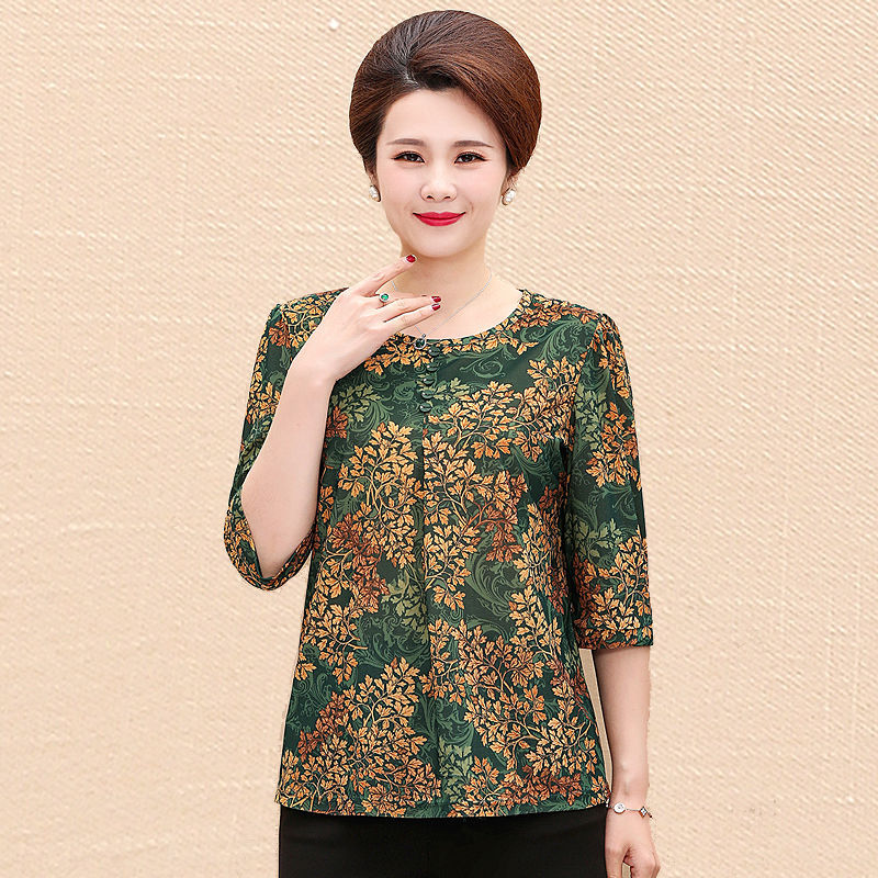 Middle-Aged and Elderly Women's Clothing Spring and Autumn Three-Quarter Sleeve Shirt Top for 50-Year-Old Mothers Loose Large Size Short Sleeve Middle-Aged Summer Clothes