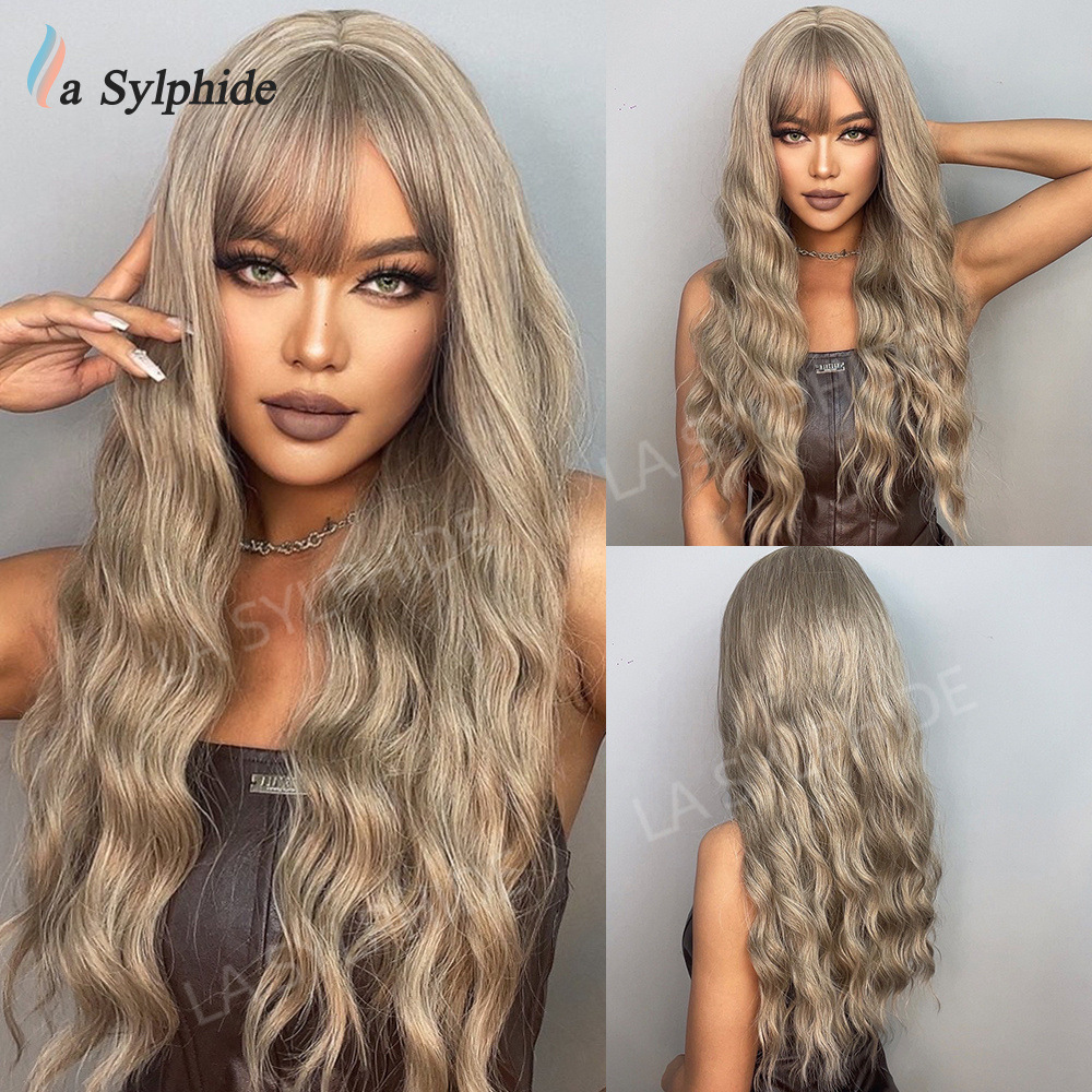 浅棕色女士 欧美跨境wigs 齐刘海微卷发 机制化纤头套 假发厂家