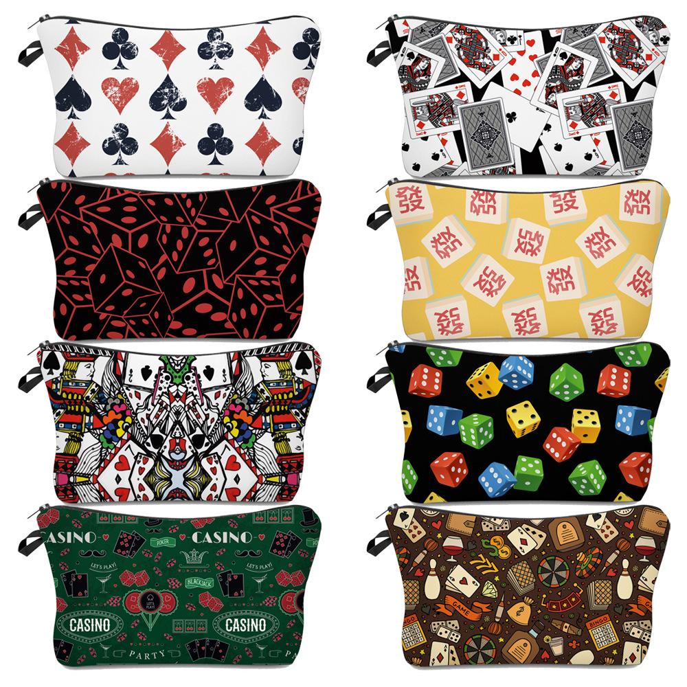 Amazon New Printed Waterproof Cosmetic Bag Playing Cards Dice Pattern Toiletry Storage Multifunctional Clutch