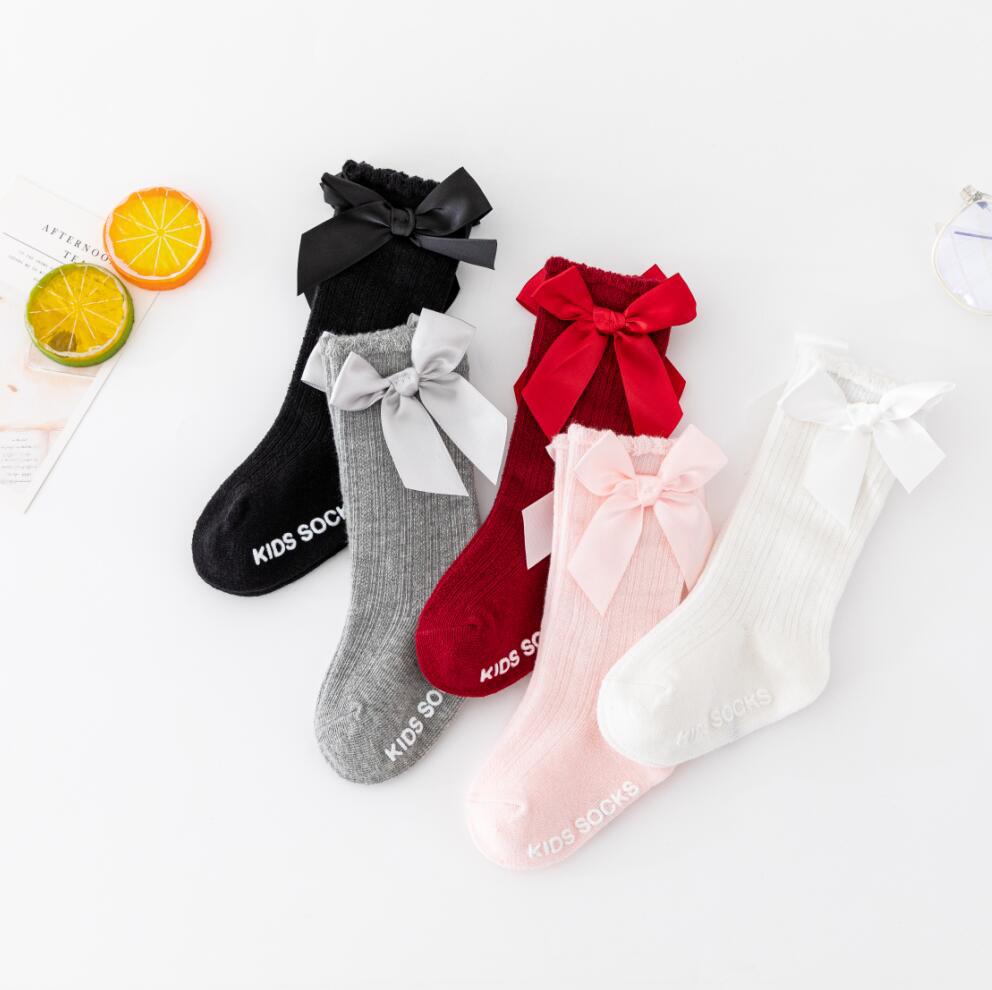 New Boys and Girls Solid Color Striped Stockings Pure Cotton Non-Slip Bubble Mouth Baby Bow Tube Socks Wholesale