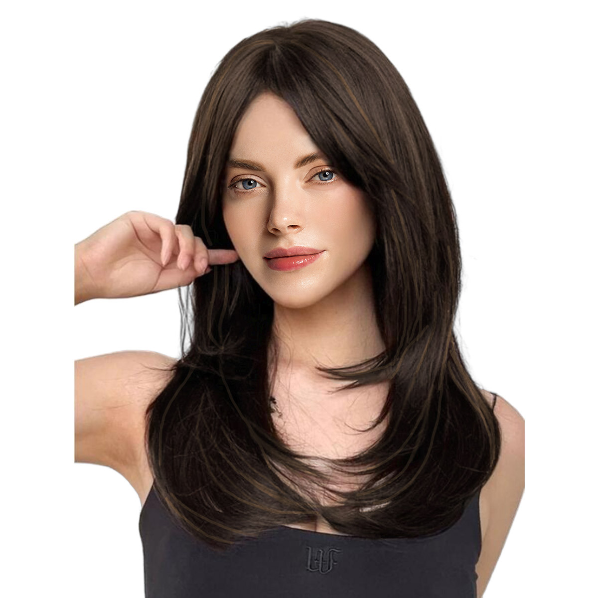 欧美外贸假发女wigs 棕黑色黄色混色长卷发 八字刘海机制假发热销