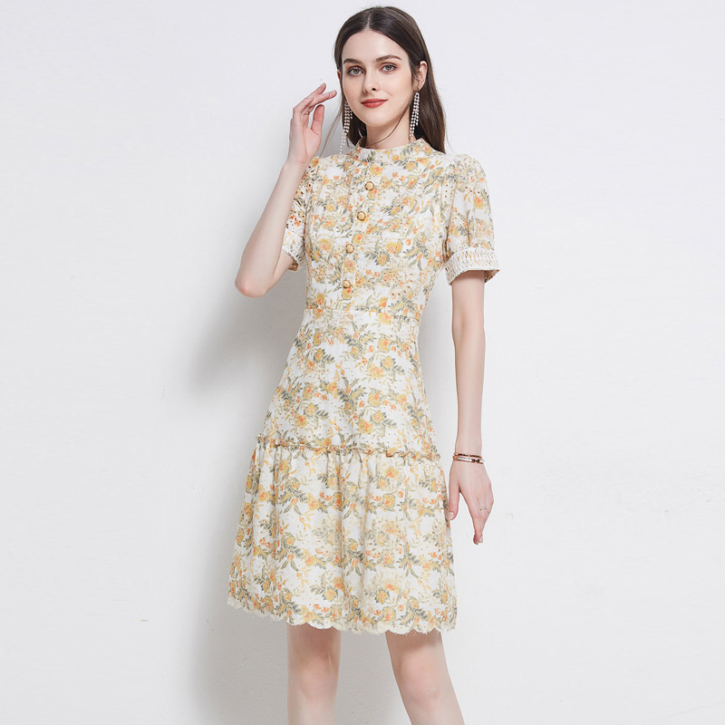立领刺绣连衣裙夏图片
