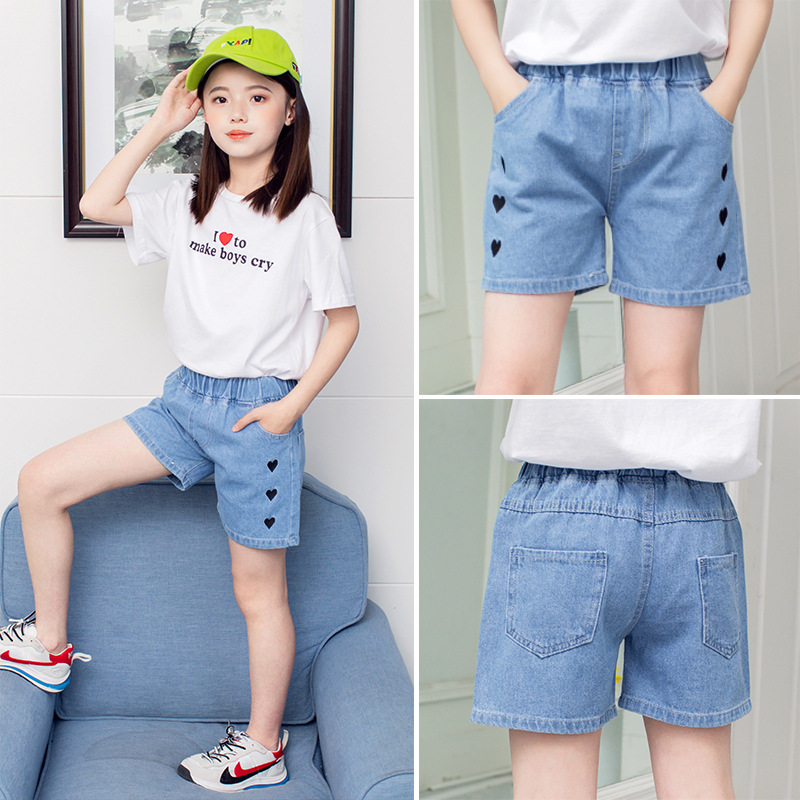 女童网红牛仔短裤夏季新款潮范儿童爱心裤子中小童热裤外穿洋气