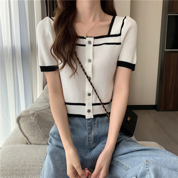 韩版2022夏季新款方领露背短袖修身显瘦撞色短款打底针织衫上衣女