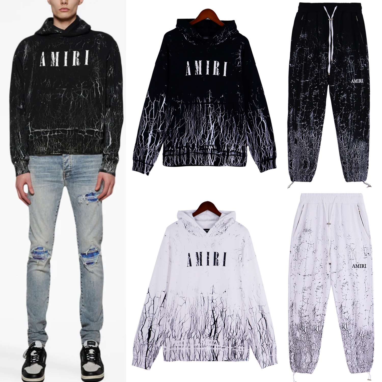 amiri 新款线条撞色字母印花帽衫美式街头情侣款印花连帽套装卫衣