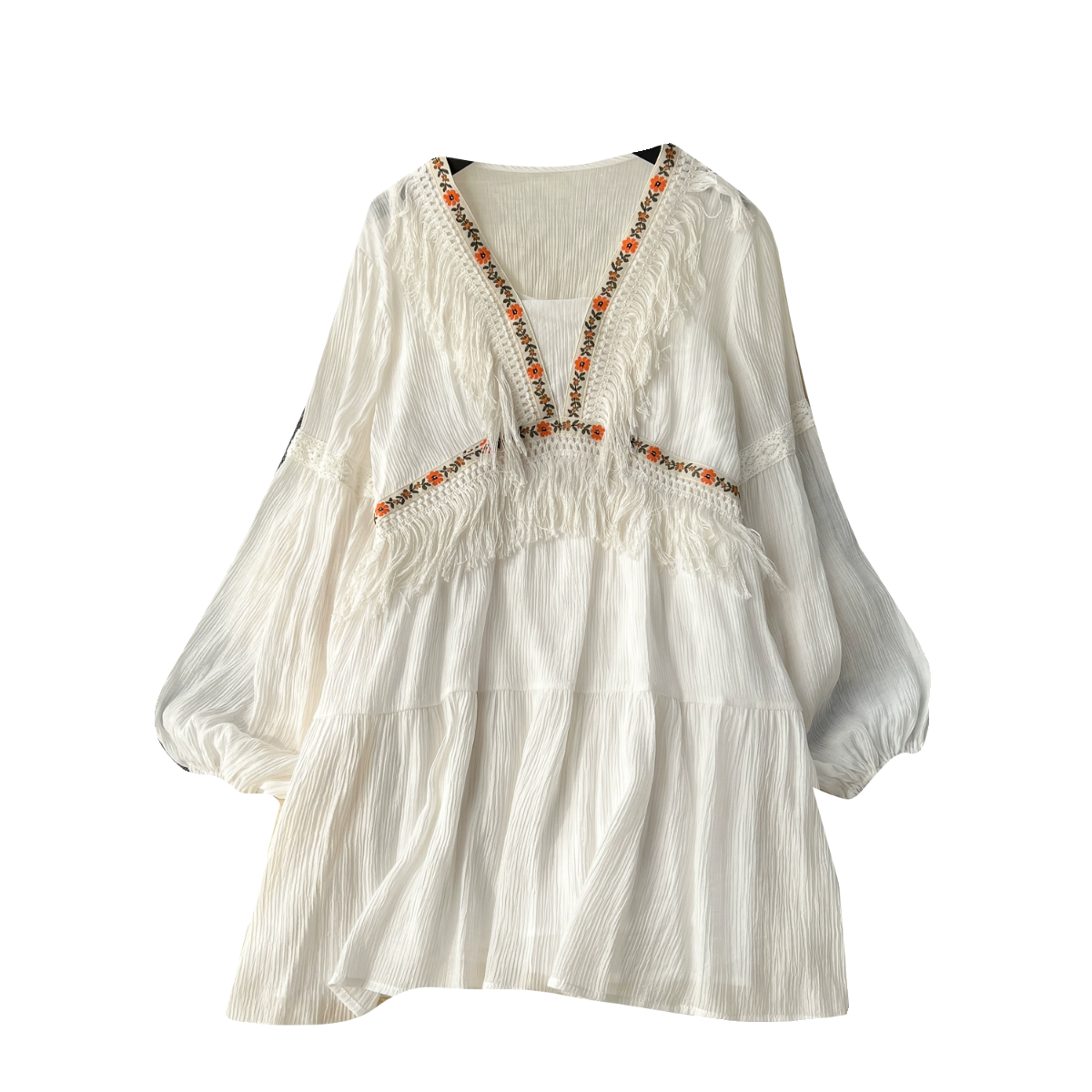 波西米亚连衣裙女秋季新款度假风流苏裙子宽松慵懒吊带仙女裙套装