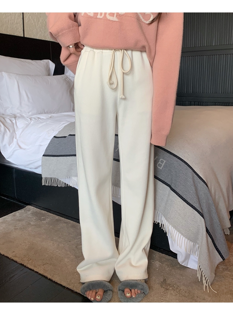 白色抽绳针织阔腿裤女冬新款宽松直筒休闲裤小个子高腰坠感拖地裤