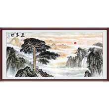 山水风景壁画黄山迎客松背景图国画客厅装饰画自粘墙纸墙布墙贴画