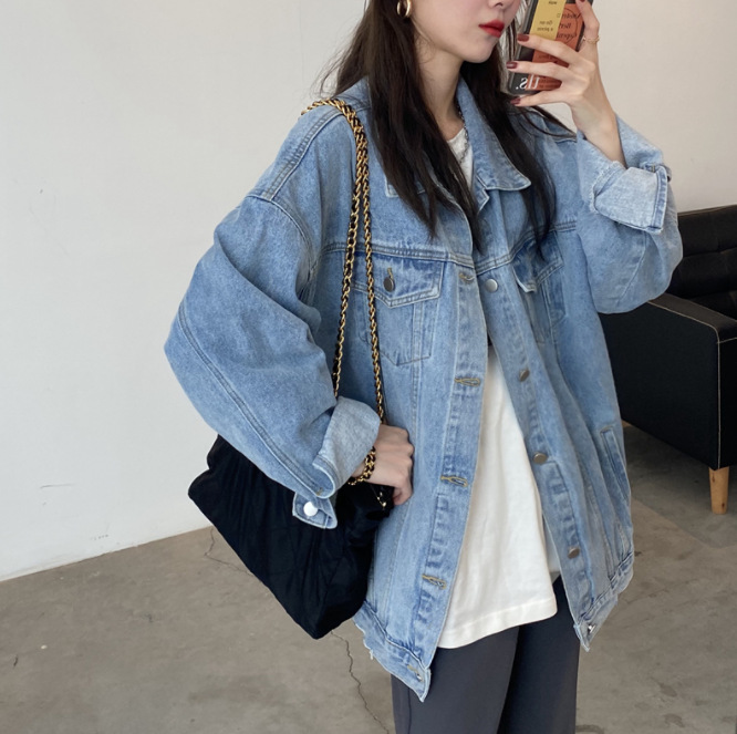 2022春季新款浅蓝色牛仔外套女宽松口袋牛仔服中长款牛仔上衣