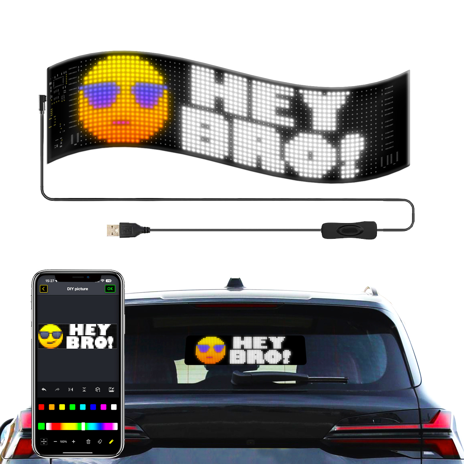 LED柔性显示屏APP蓝牙车载广告屏ip65防水软屏全彩高清车贴显示屏
