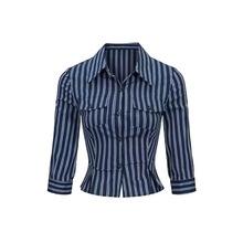 美式辣妹polo领蓝条纹长袖衬衫女春秋季设计感收腰修身打底衫上衣