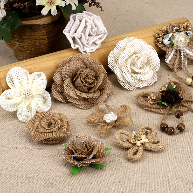 布艺立体花朵装饰材料麻布幼儿园麻绳蝴蝶结小花瓶子手工diy辅料