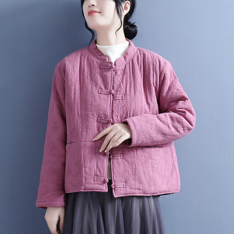 中国风棉麻纯色棉服女2023冬季加厚复古文艺棉衣盘扣立领对襟棉袄