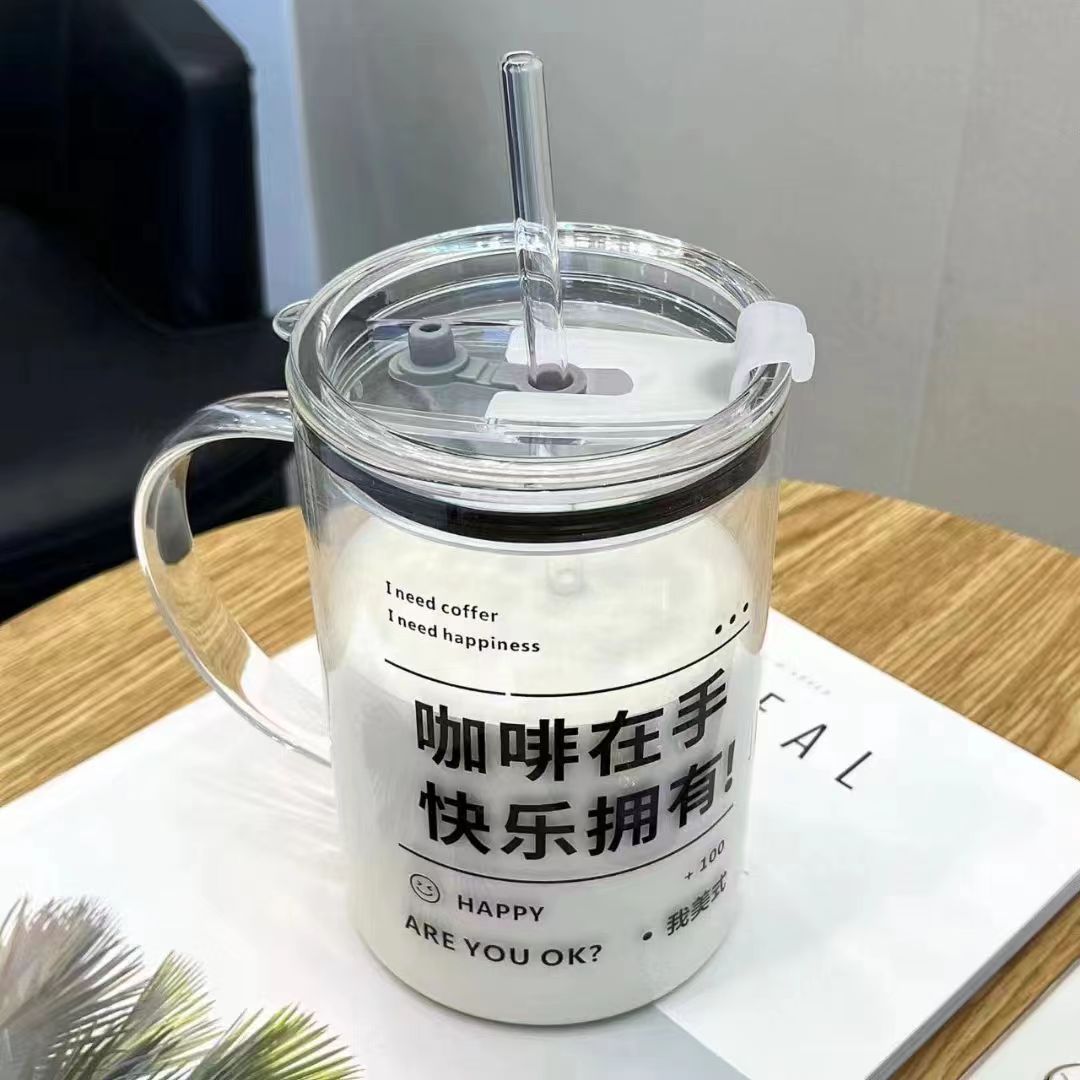 Ws 1000ml Large Capacity Stay up Late Not Good Scale Glass Cup with Lid with Straw Cup Office Summer