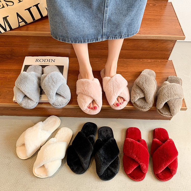 Foreign Trade Fur Cotton Slippers Female 2022 Autumn and Winter New Ladies Flat Open Toe Home Cross Plush Slippers Wholesale