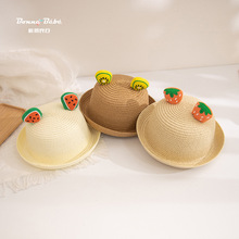 儿童帽子夏季韩版可爱水果耳朵编织草帽户外透气渔夫帽宝宝遮阳帽