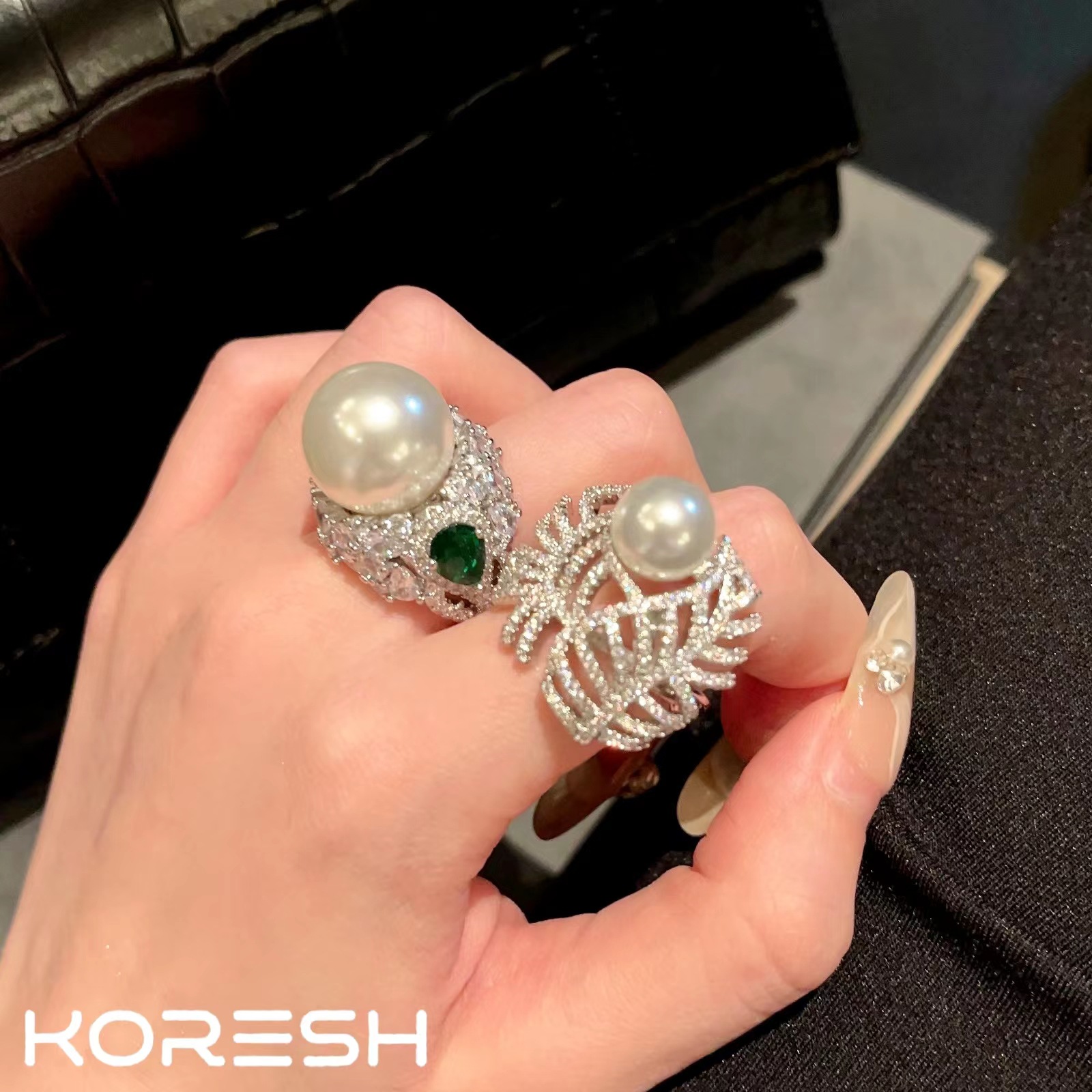 宫廷风 法式复古风满钻星星宝石孔雀绿珍珠开口戒指-阿里巴巴