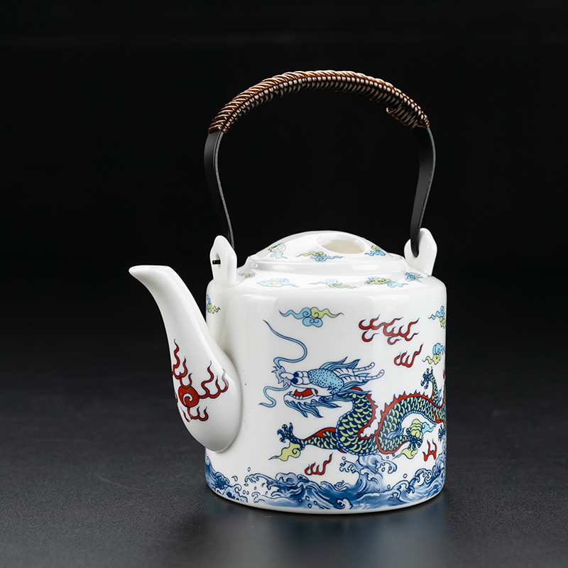 4sz0白瓷龙腾提梁壶防烫家用泡茶壶大容量水壶陶瓷功夫茶具单杯子