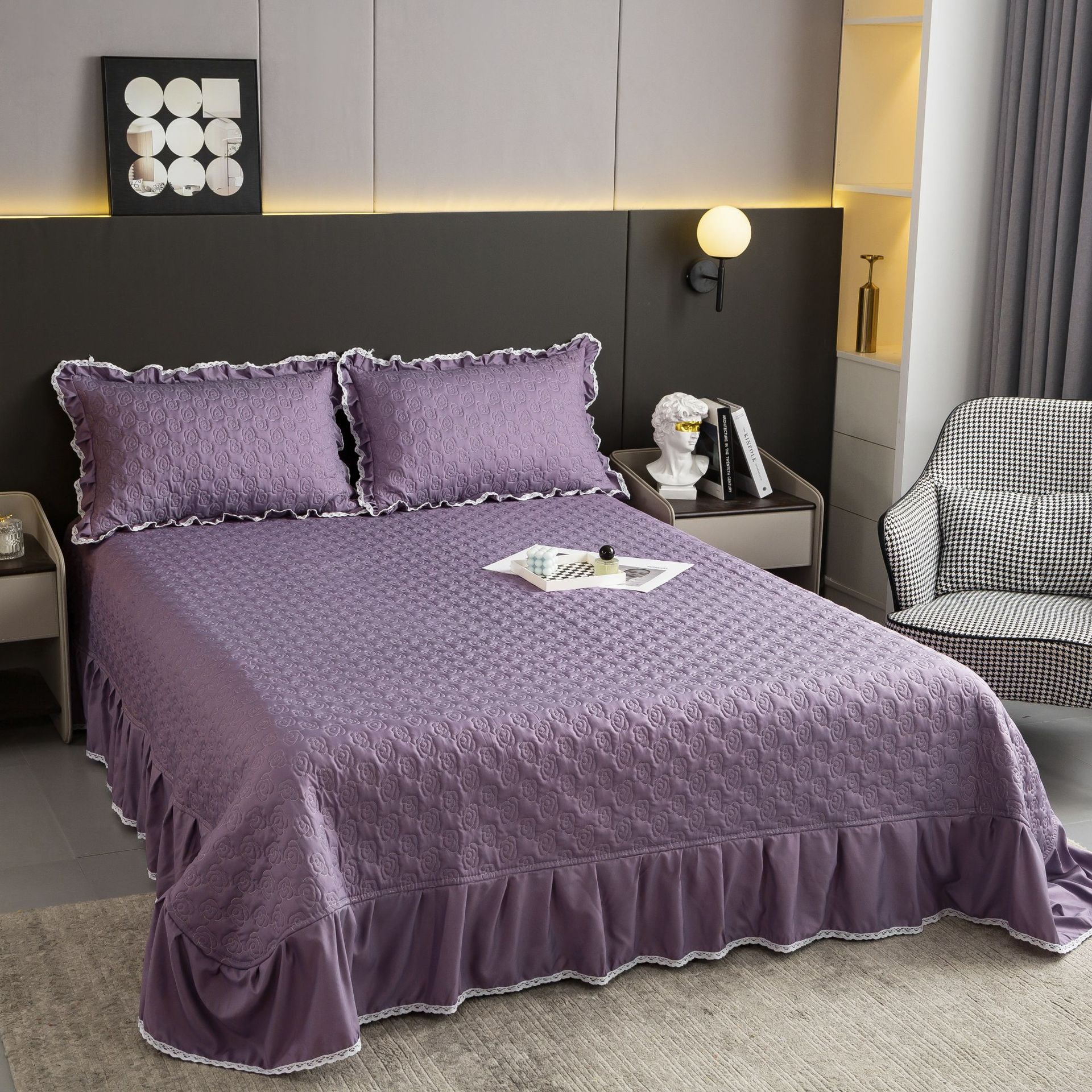 2023纯色玫瑰绗绣大床群款床盖三件套 玫瑰工艺绗缝套件 现代简约