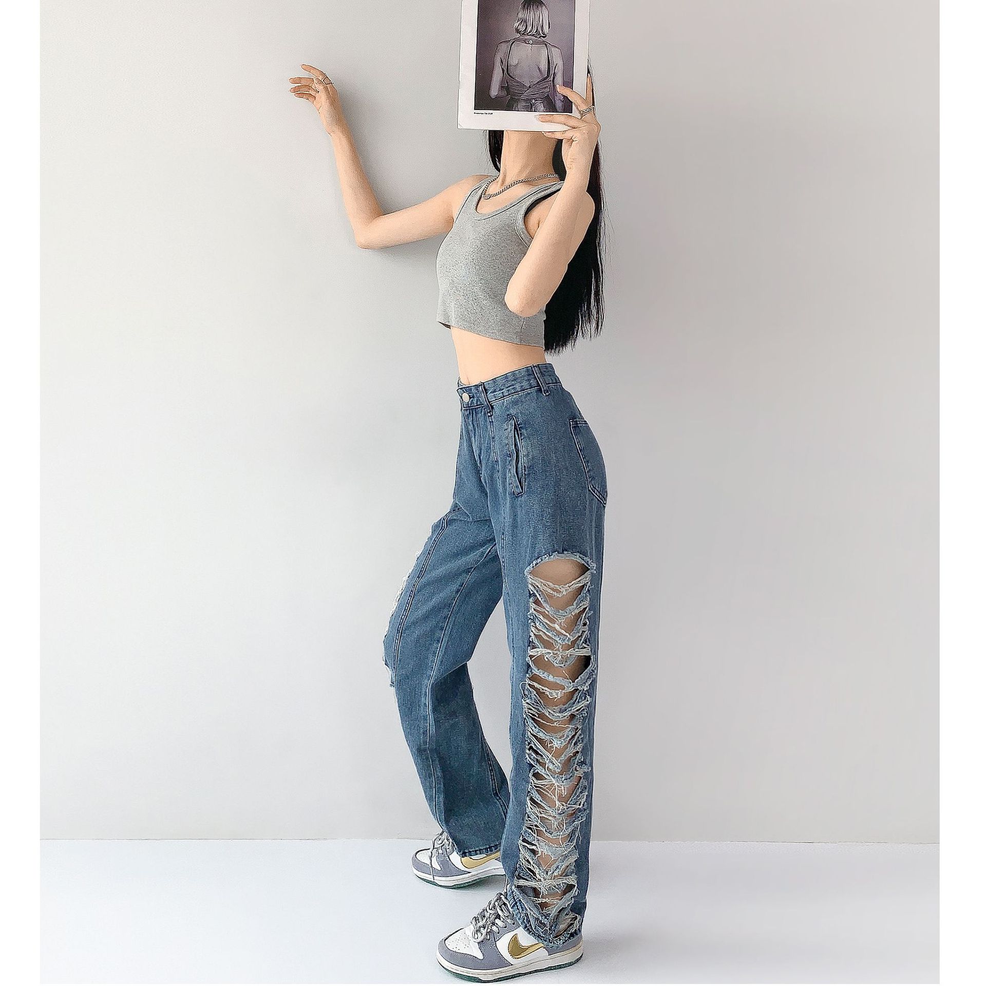 American Style Hot Girl Ripped Jeans Women's Autumn New Design Sense Wide-Leg Pants High Street Straight Pants Fashion
