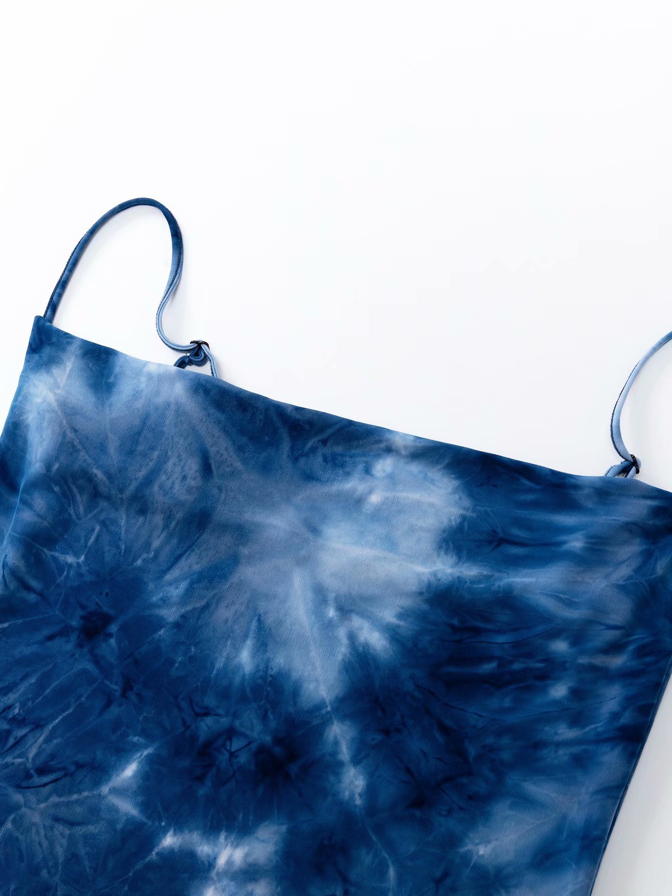 欧美风复古修身显瘦扎染渐变色性感荡领吊带短裙蓝色迷你连衣裙