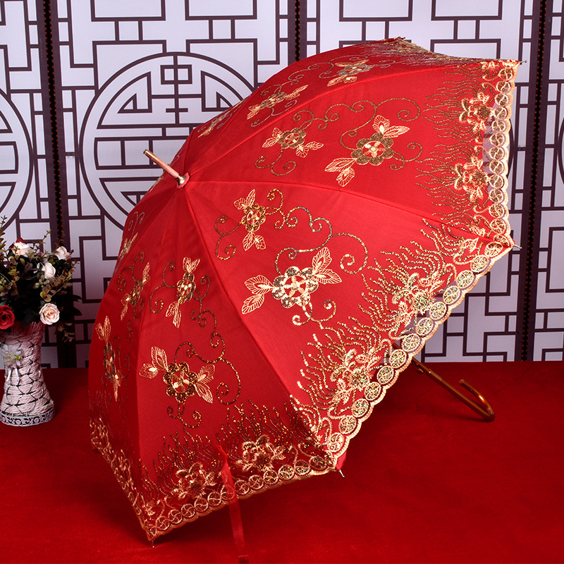 Spot Wedding Red Umbrella Straight Rod Semi-automatic Wedding Umbrella Festive Chinese Vintage Sunshade Bridal Umbrella Wholesale