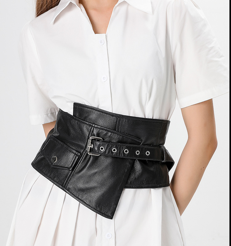 时尚宽腰带绵羊皮休闲腰封女装饰衬衫外套裙子皮带黑色