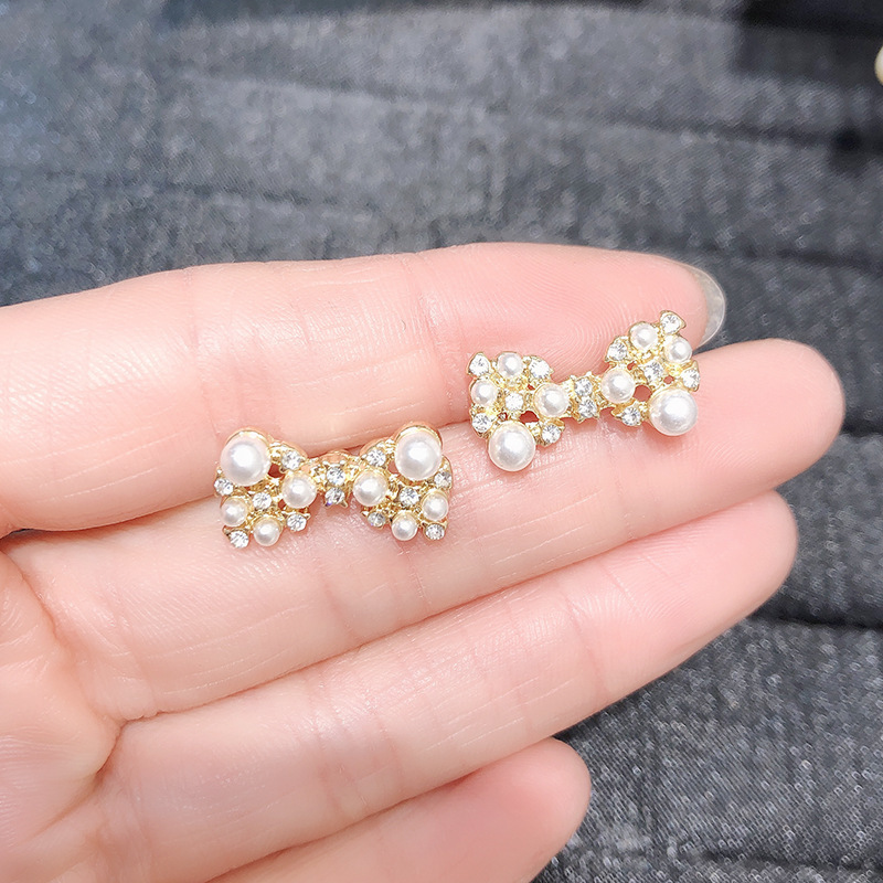 sterling silver needle south korea dongdaemun bow pearl earrings fashion personalized graceful and wild simple stud earrings female fashion