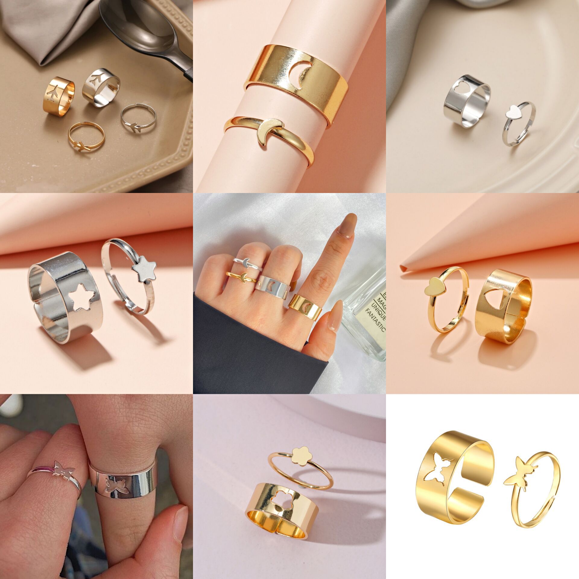 Europe and America Cross Border Creative Butterfly Ring Index Finger Ring Ring Suit 2 Set Open Ring Couple Couple Rings