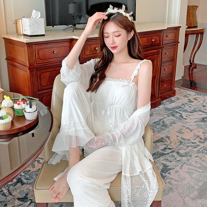 春秋夏网纱三件套睡衣女披肩吊带长裤套装睡衣蕾丝性感公主家居服