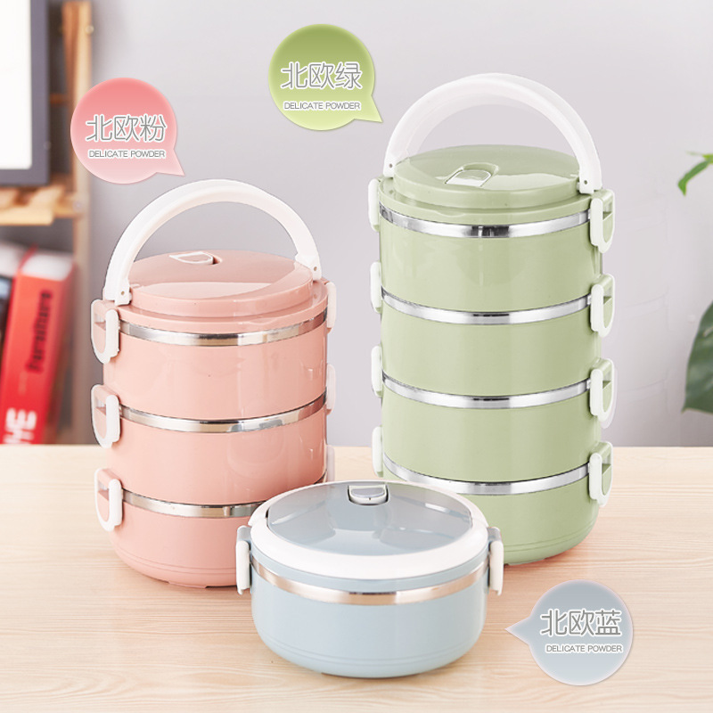 潮流清新款不锈钢保温饭盒便携圆形多层上班族学生密封便当盒批发