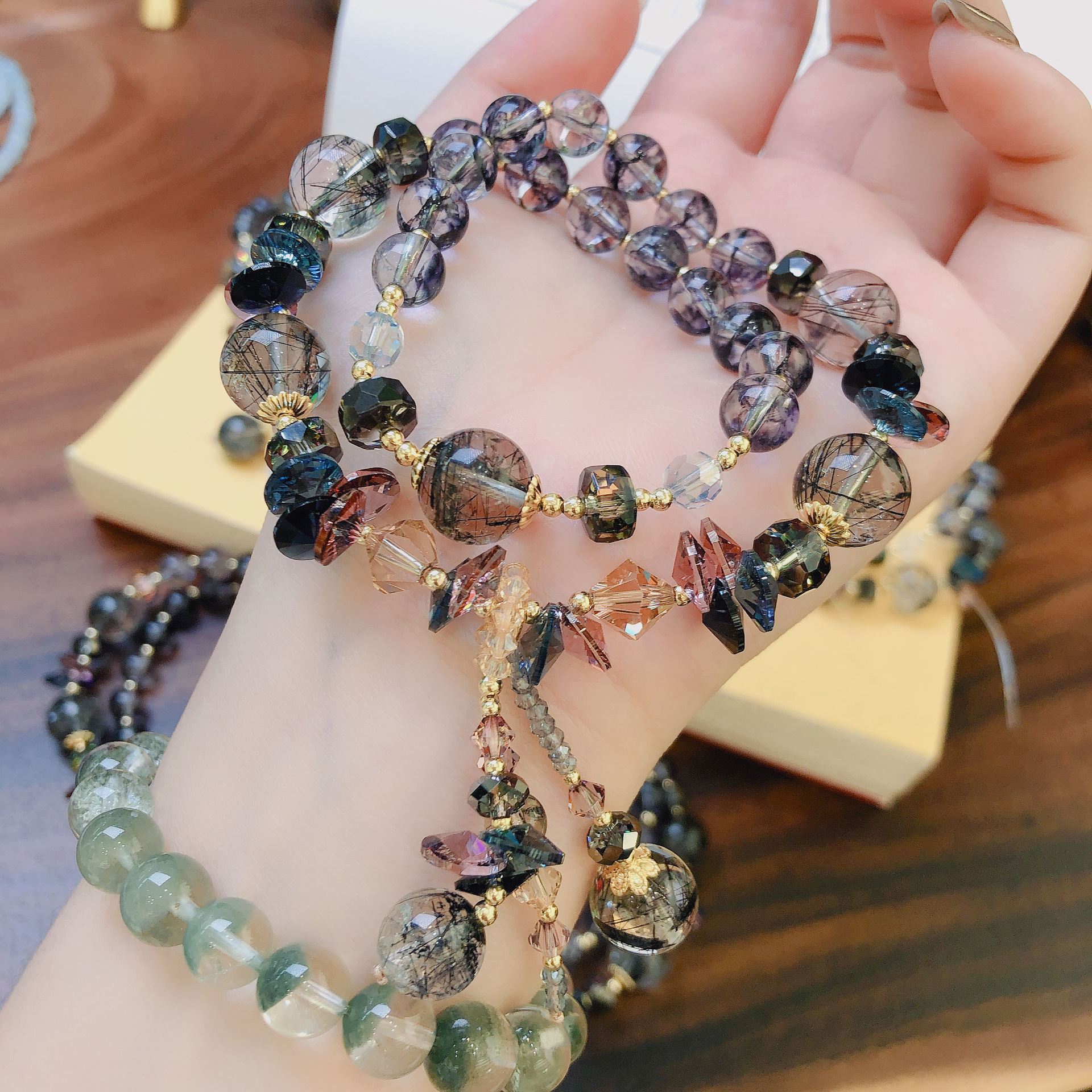 茶晶凤羽幽灵金发晶手链两圈奥地利水晶手串手工串珠饰品配饰首饰