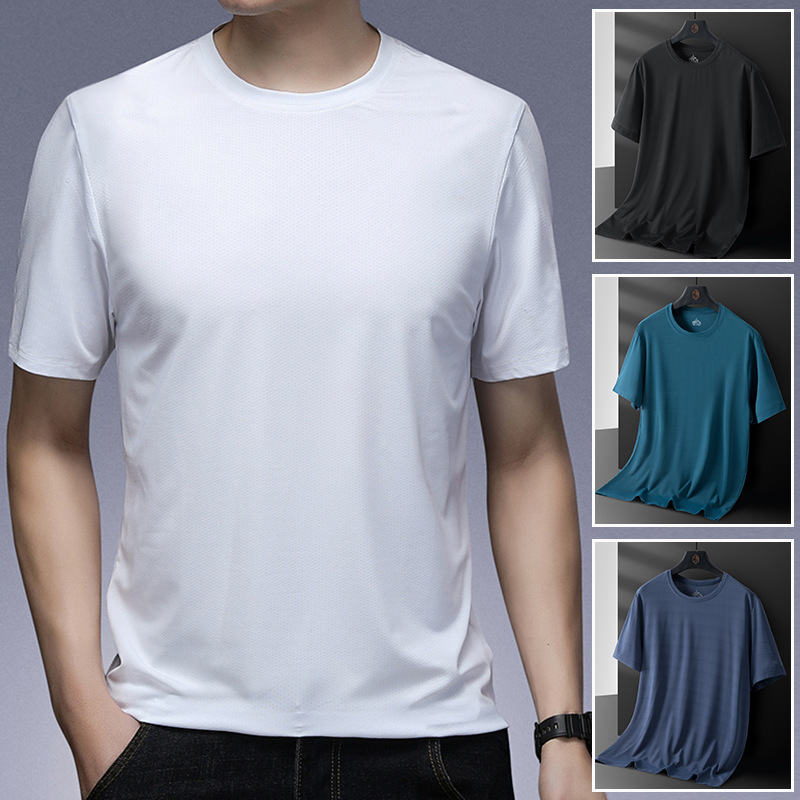 Men's Ice Silk Short Sleeve T-shirt Summer Menswear Casual Sports Quick-Drying Large Size Youth round Neck Half-Sleeve T-shirt Top