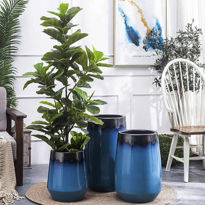 北欧特大号陶瓷蓝色花盆种幸福树高筒室内客厅落地庭院盆栽大花坛