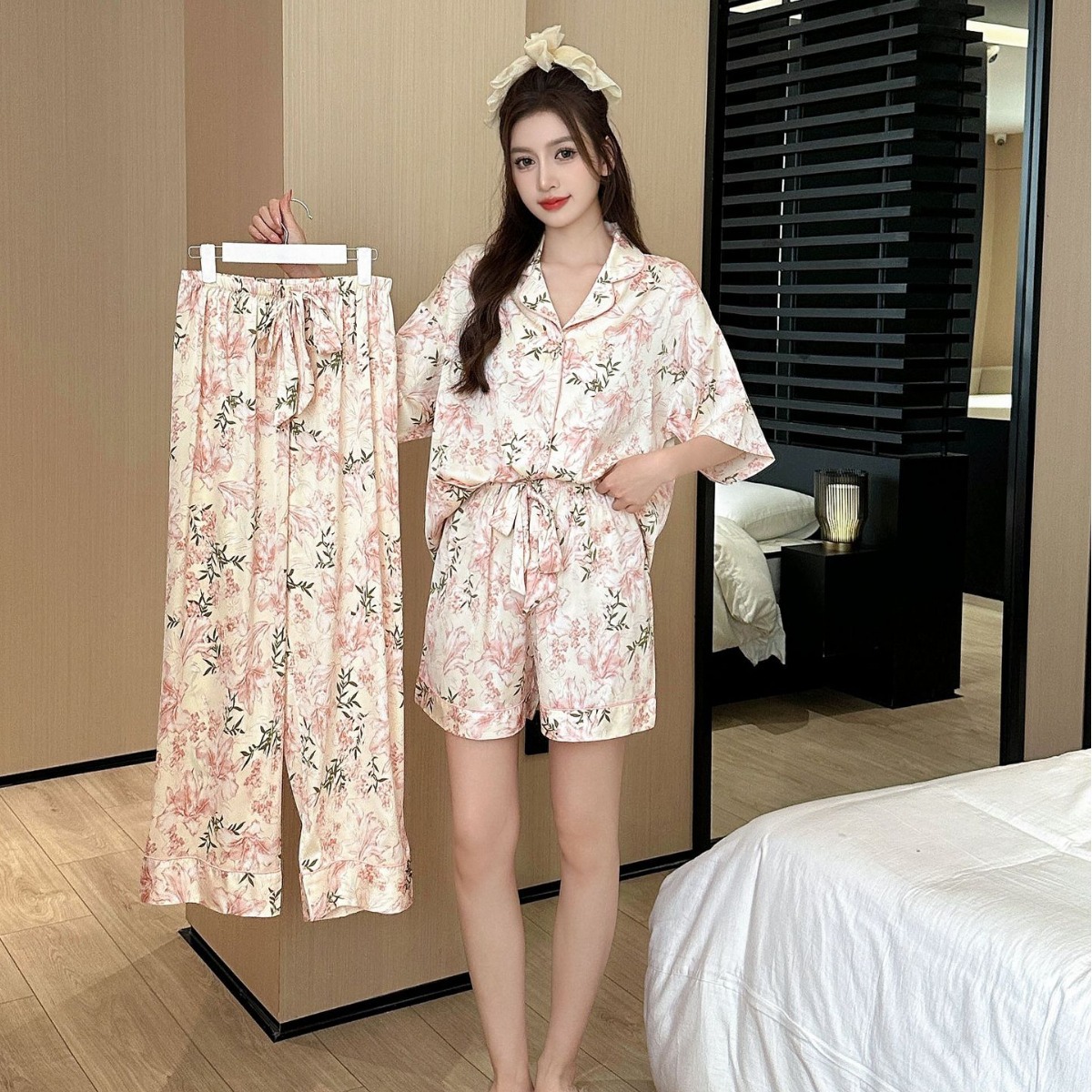 韩版女士短袖三件套水仙花冰雪丝家居服休闲甜美碎花丝绸睡衣套装
