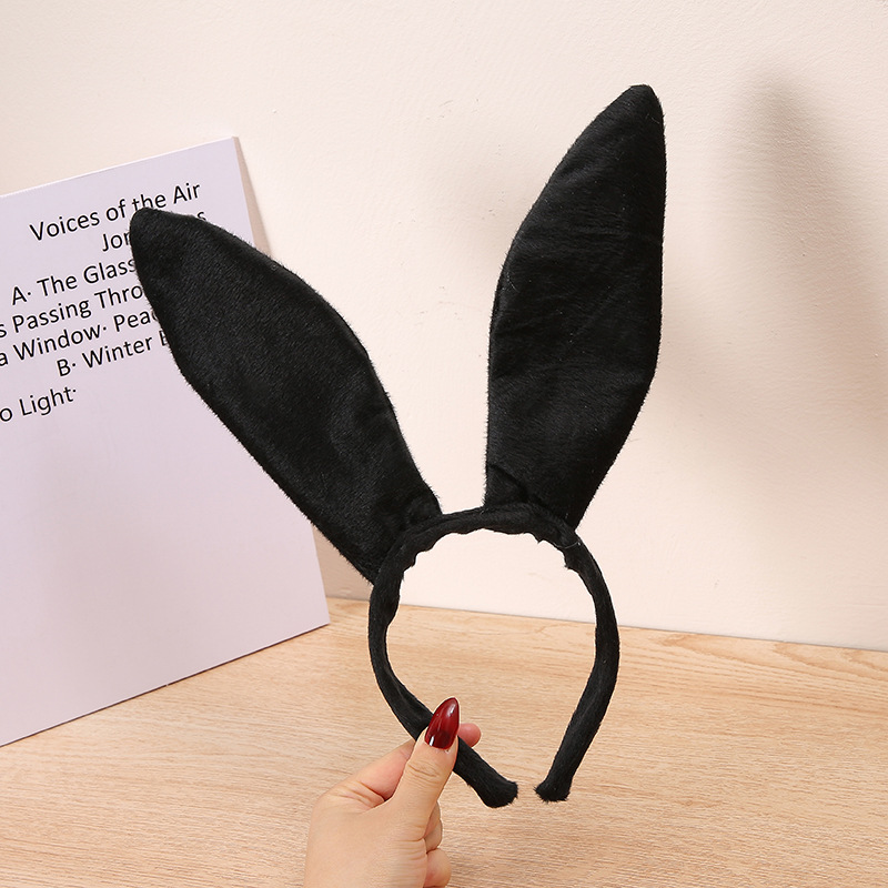 Amazon Hot Sale Satin Cloth Rabbit Ears Hair Hoop Spot Head Buckle Bunny Hairpin Halloween Rabbit Headband Black