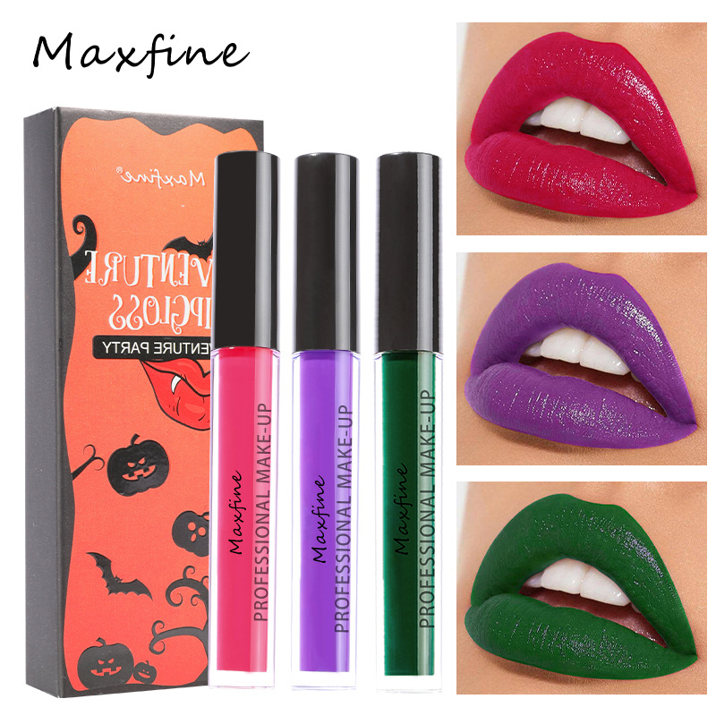 Cross-Border Makeup Maxfine Halloween Lip Glaze Set Wholesale Matte Lasting No Stain on Cup Non-Fading Foreign Trade