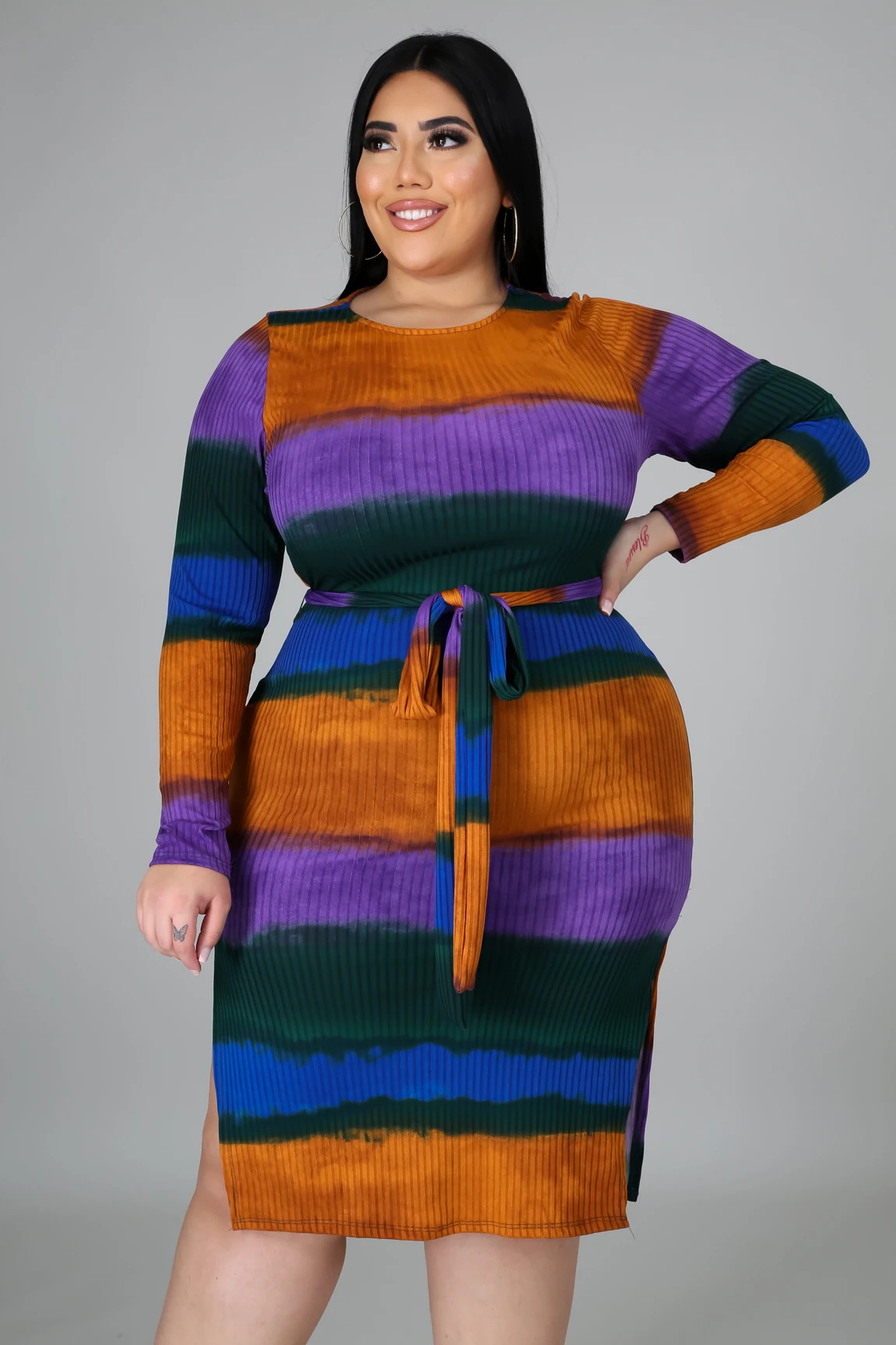 qj5275 欧美5xl肥婆胖女人加大码女装坑条条纹印花系带连衣裙