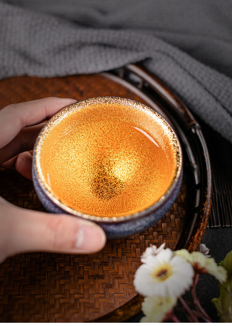 徐国瑞窑变钧瓷黄金盏24k金杯主人杯沙金盏颗粒金茶杯茶碗建盏金