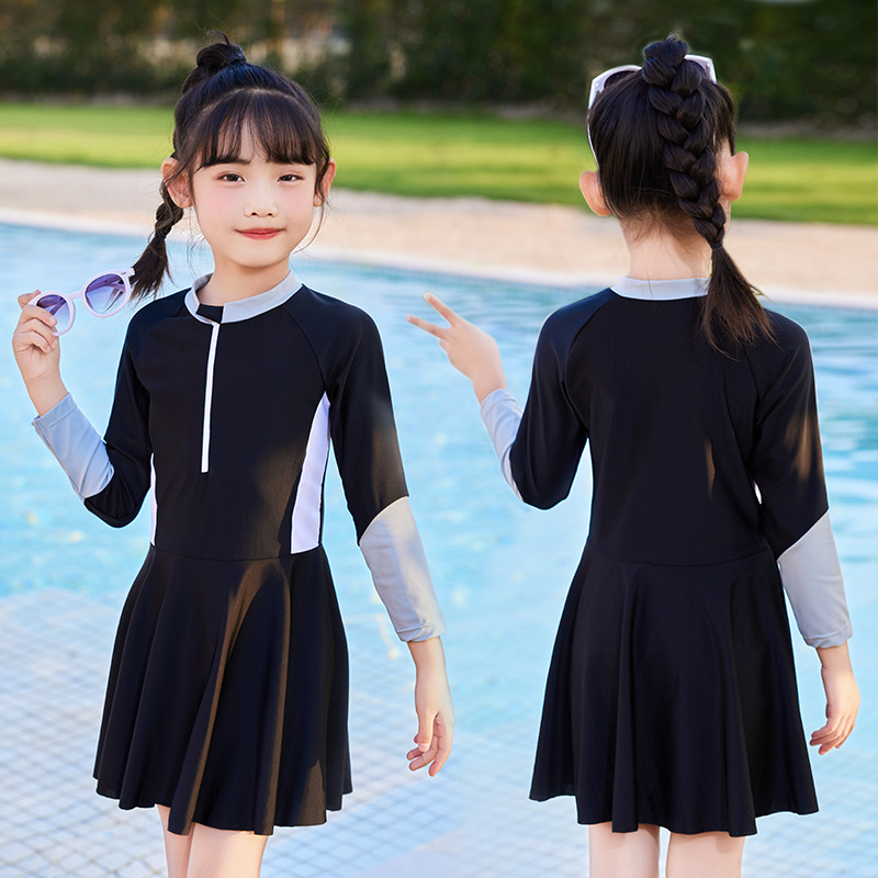 Children's Long-Sleeve Swimsuit Suit Wholesale Student Training Swimsuit One-Piece Type Skirt Hem Girl's Swimsuit Sunshade