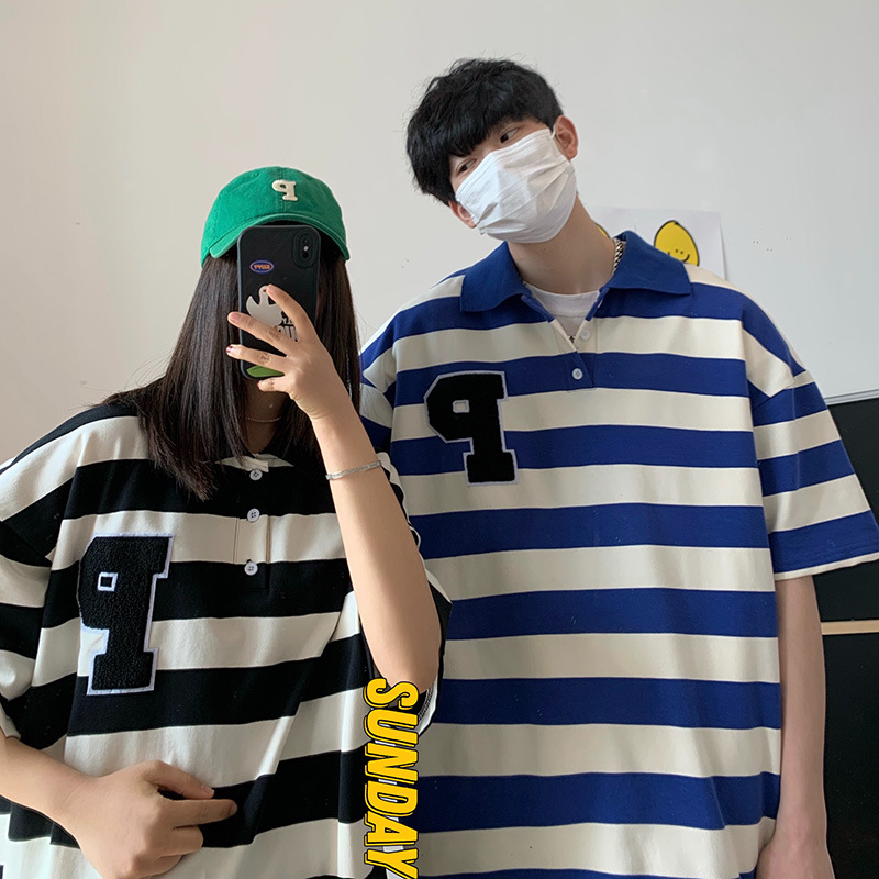 Striped Short-Sleeved T-shirt Men's Japanese Trendy Flocking Loose Top Summer Fashion Brand Ins Versatile Couple's Polo Shirt