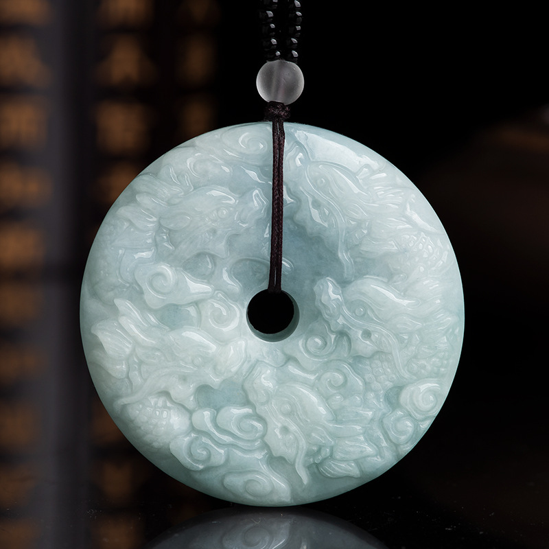 天然缅甸a货翡翠九龙护主生肖龙平安扣冰种玉石吊坠挂件四会玉器