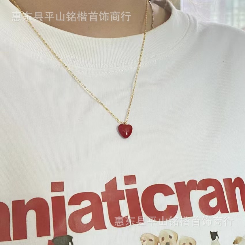 韩系小众设计珐琅小红心吊坠项链锁骨链2024新款爆款安可拉红饰品