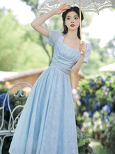 夏日多巴胺2024新款法式蓝色雪纺连衣裙漂亮绝美长裙子超仙女