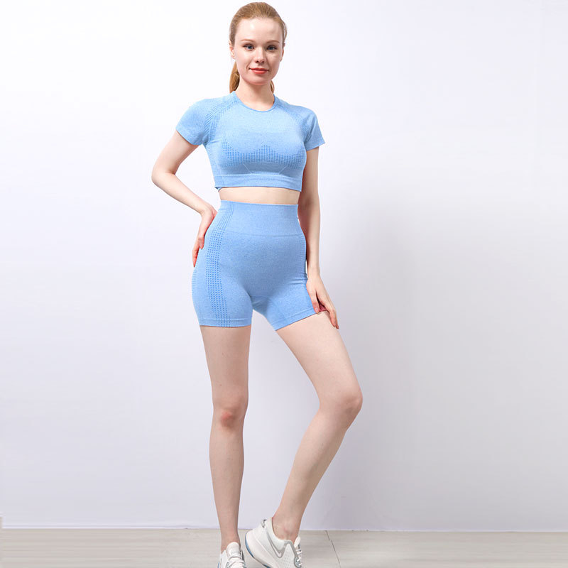 European and American Quick-Drying Seamless Yoga Suit Women's Short Sleeve Yoga Jacket Ultra High Waist Fitness Sports Yoga Pants Shorts