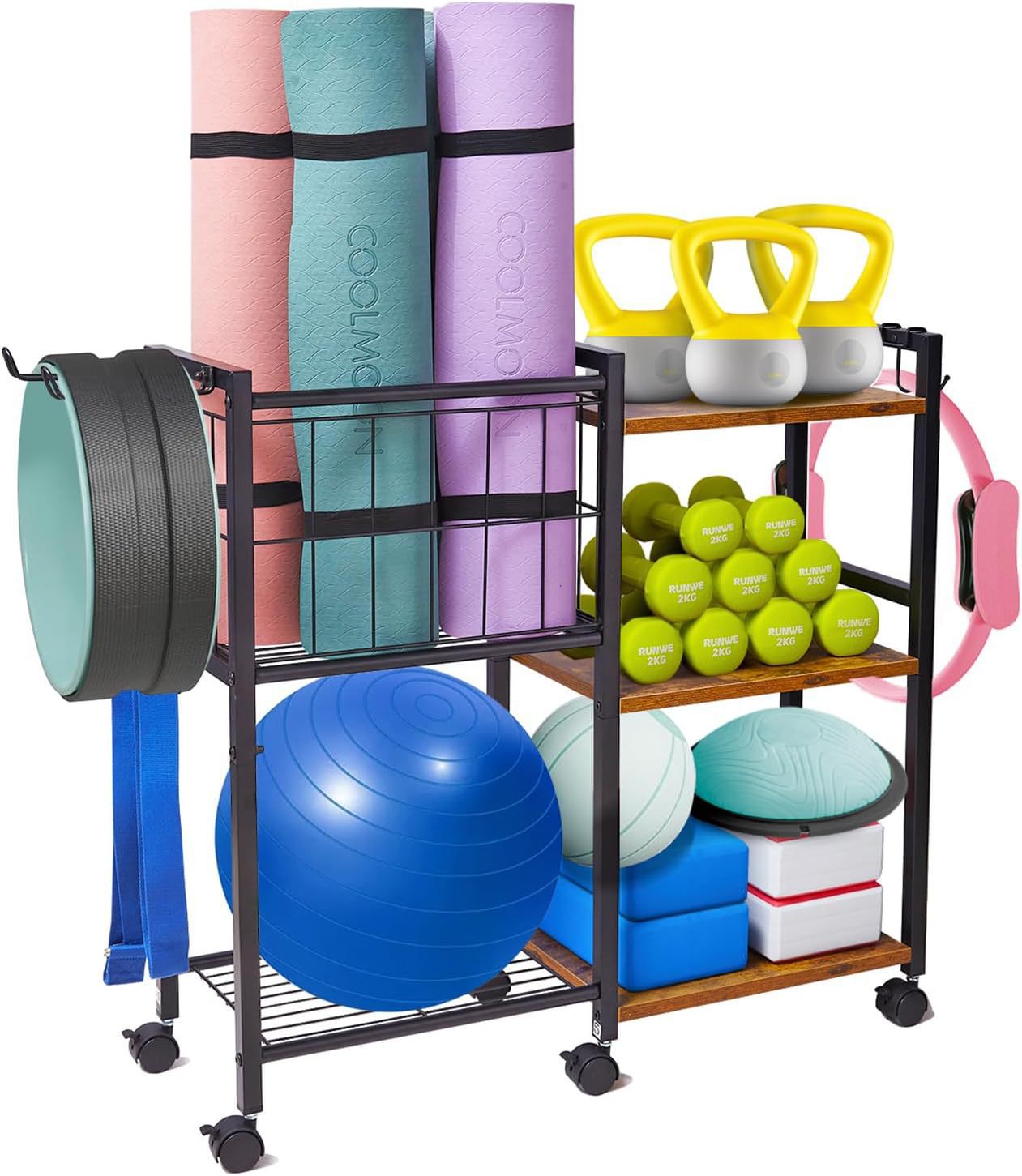 体育用品收纳架瑜伽垫篮球置物架哑铃移动滚轮运动健身房收纳架