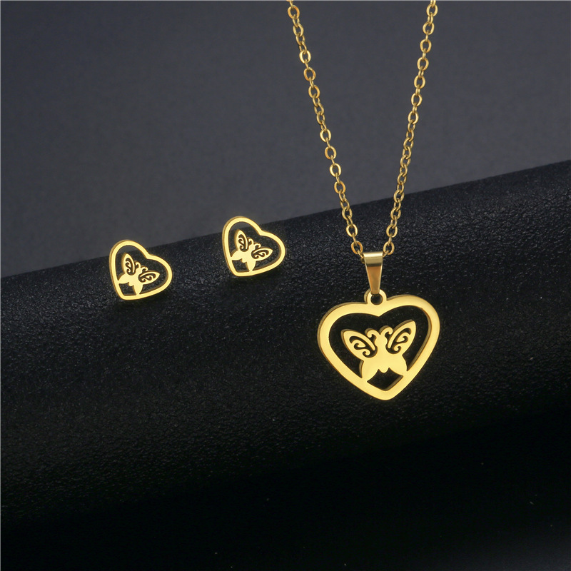 Bohemian Butterfly Pendant Necklace and Earrings Suite Cross-Border Fashion Gold-Plated Collarbone Necklace Stainless Steel Chain Set