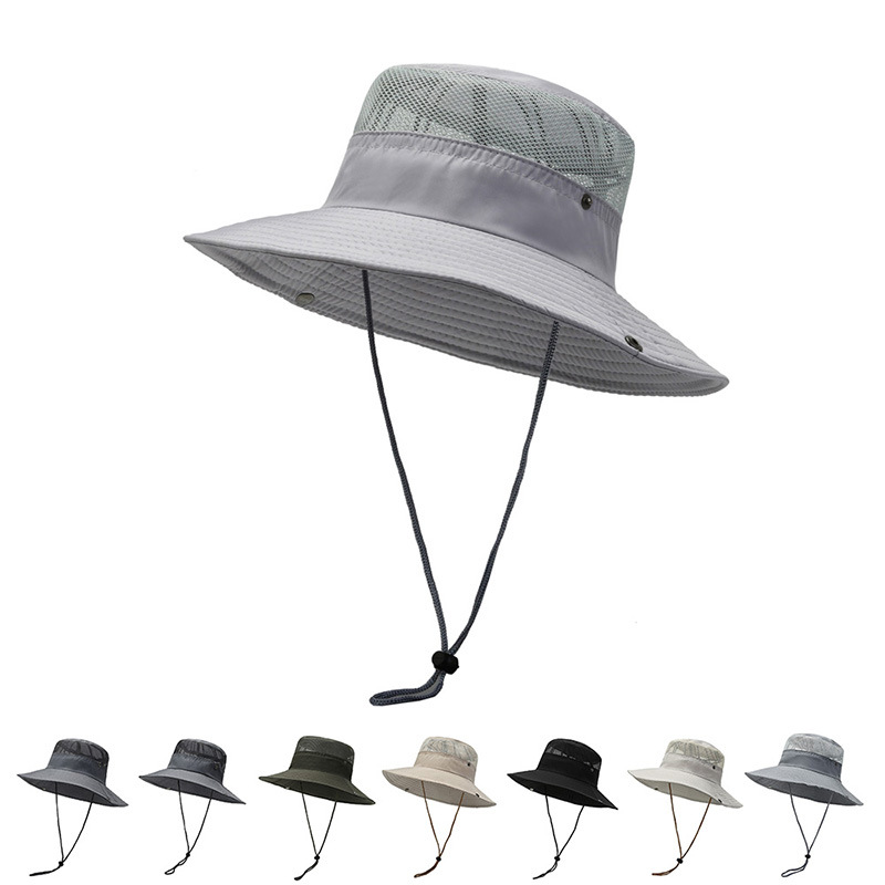 Summer Outdoor Sun Hat Men's Big Brim Fisherman Hat Solid Color Breathable Voile Hat Sun Protection Alpine Cap