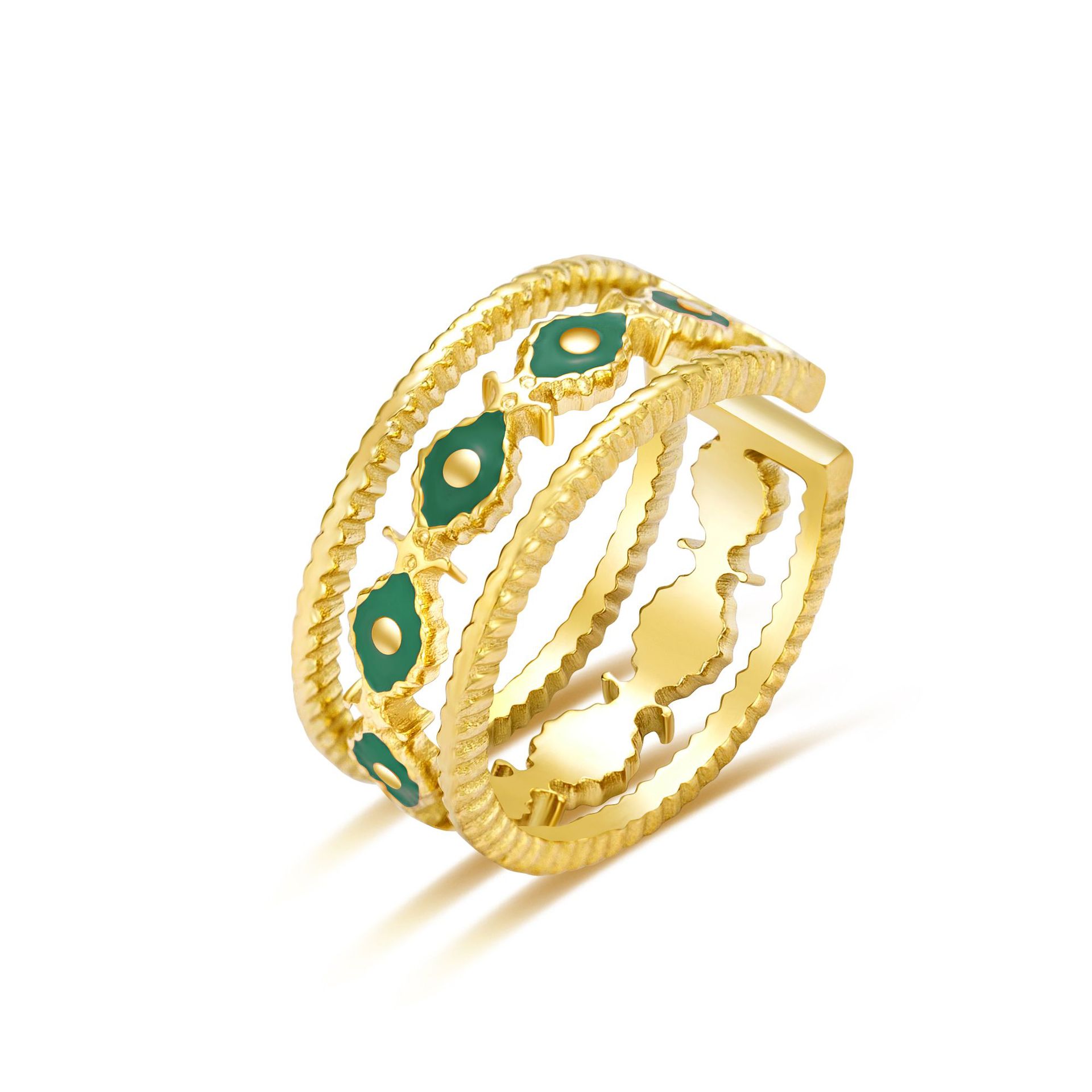 23 French New 18K Real Gold Non-Fading Stainless Steel Ring Inlaid with Peacock Green Ring Hand Jewelry